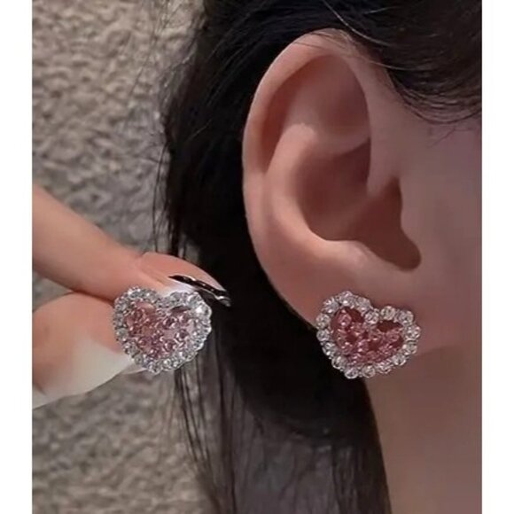 Heart-Shaped Pink & White Stud Earrings - Picture 1 of 3